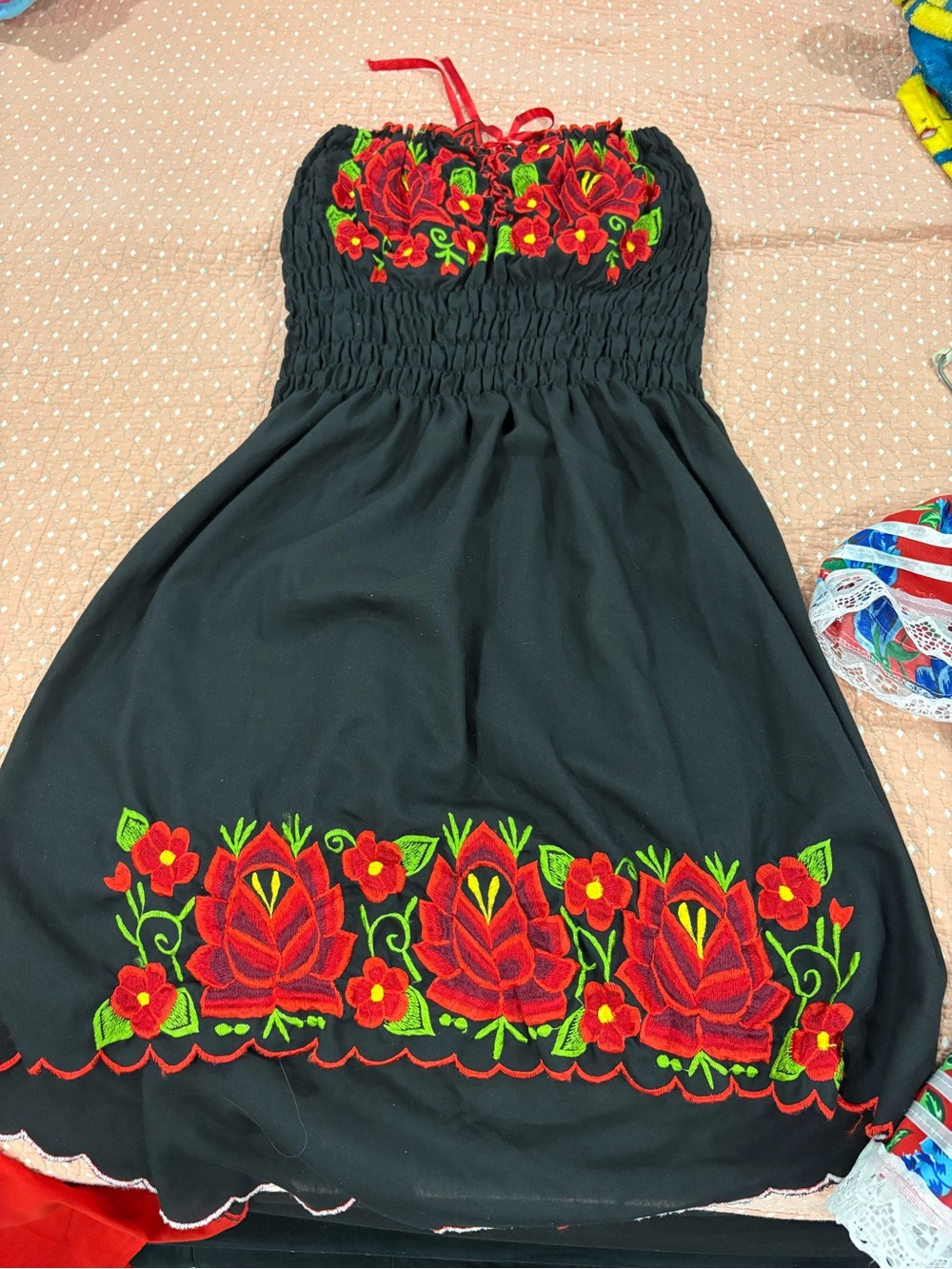 Black Strapless Dress with Red Floral Embroidery